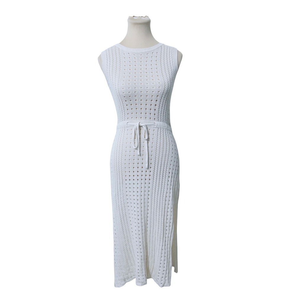 B Women Sleeveless Pointelle Knit Midi Dress Small Ivory Tie Waist Boho‎ Resort